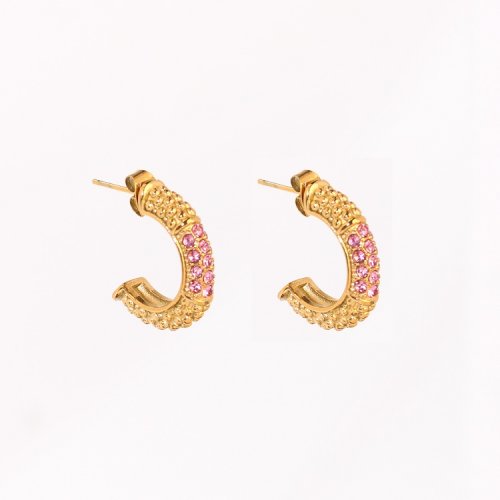Stainless Steel Earrings  Czech Stones,Handmade Polished  Half Hoop  PVD Vacuum Plating Gold  Weight:6.4g  E:21mm  GEE000595bhia-066