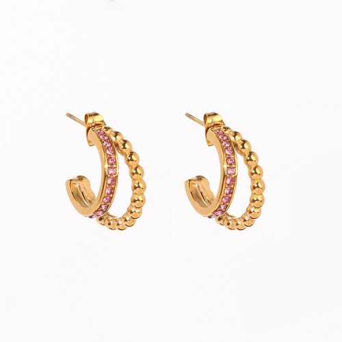 Stainless Steel Earrings  Czech Stones,Handmade Polished  Double Half Hoop  PVD Vacuum Plating Gold  Weight:6.3g  E:21mm  GEE000623bhia-066
