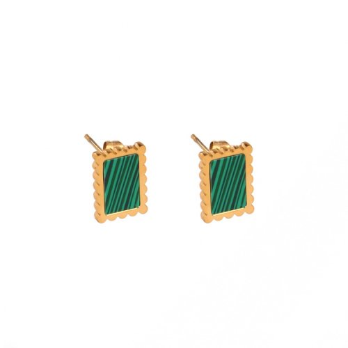 Stainless Steel Earrings  Malachite,Handmade Polished  Rectangle  PVD Vacuum Plating Gold  Weight:2.3g  E:12x9mm  GEE000626bhva-066