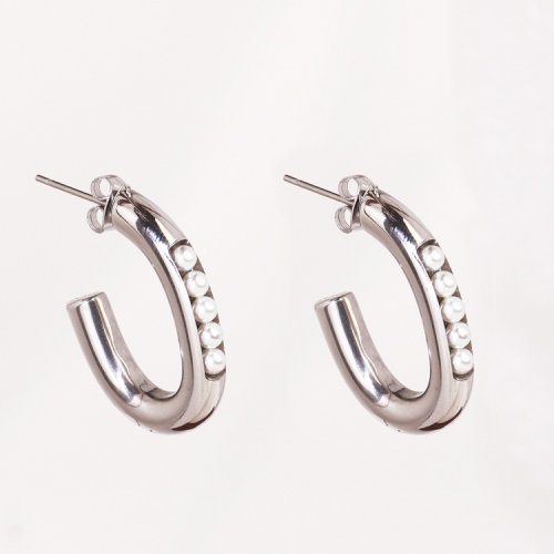 Stainless Steel Earrings  Plastic Imitation Pearls,Handmade Polished  U Shape  True Color  Weight:13.3g  E:28x21mm  GEE000696bhva-066