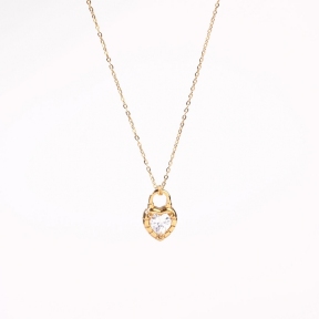 Stainless Steel Necklace  Zircon,Handmade Polished  Heart Lock  PVD Vacuum Plating Gold  Weight:4.6g  P:17x12mm N:1.5x400mm+50mm(T)  GEN000792bhia-066