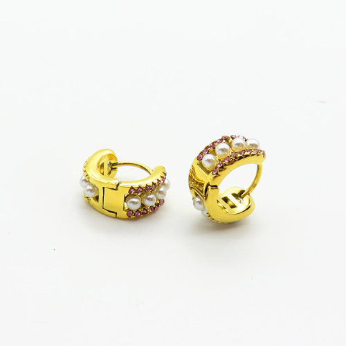 Stainless Steel Earrings  Plastic Imitation Pearls & Czech Stones,Handmade Polished  Hoop  PVD Vacuum Plating Gold  Weight:4g  E:15mm  GEE000814ahjb-066