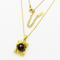Stainless Steel Necklace  Tiger Eye & Czech Stones,Handmade Polished  Rectangle,Ball  PVD Vacuum Plating Gold  Weight:10.8g  P:19x15mm L:1.4x410+50mm(T)  GEN000865bhva-066