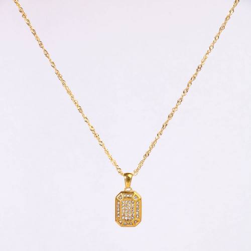 Stainless Steel Necklace Czech Stones,Handmade Polished Rectangle PVD Vacuum Plating Gold WT:5.4g P:17x12mm N:2x400mm+50mm(T) GEN000889bhia-066