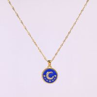 Stainless Steel Necklace Enamel & Czech Stones,Handmade Polished Round,Moon PVD Vacuum Plating Gold WT:6.1g P:18mm N:2x400mm+50mm(T) GEN000891bhia-066