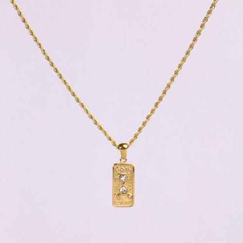 Stainless Steel Necklace Czech Stones & Zircon,Handmade Polished Rectangle PVD Vacuum Plating Gold WT:8.2g P:20x10mm  N:2x400mm+50mm(T) GEN000894vhkb-066