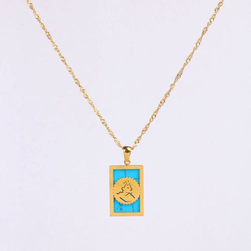 Stainless Steel Necklace Turquoise,Handmade Polished Rectangle PVD Vacuum Plating Gold WT:5g P:23x15mm  N:2x400mm+50mm(T) GEN000899bhia-066