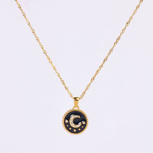 Stainless Steel Necklace Enamel & Czech Stones,Handmade Polished Round,Moon PVD Vacuum Plating Gold WT:6.1g P:18mm  N:2x400mm+50mm(T) GEN000902bhia-066