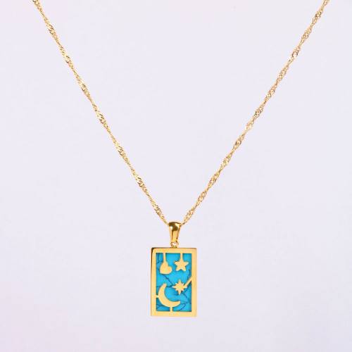 Stainless Steel Necklace Turquoise,Handmade Polished Rectangle,Moon PVD Vacuum Plating Gold WT:4.7g P:23x15mm  N:2x400mm+50mm(T) GEN000906bhia-066
