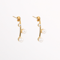 Stainless Steel Earrings Rhinestone & Plastic Imitation Pearls,Handmade Polished  PVD Vacuum Plating Gold WT:3.2g H:30mm D:6mm GEE000833bhia-066