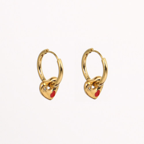 Stainless Steel Earrings Enamel & Czech Stones,Handmade Polished Heart PVD Vacuum Plating Gold WT:3.9g E:10mm GEE000885vhkb-066