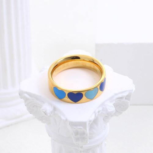 Stainless Steel Ring Enamel,Handmade Polished Heart PVD Vacuum Plating Gold WT:5.3g R:6mm GER000552bhva-066