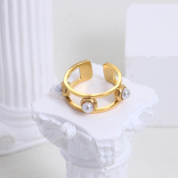 Stainless Steel Ring Plastic Imitation Pearls,Handmade Polished  PVD Vacuum Plating Gold WT:3.1g R:8mm GER000565bhva-066