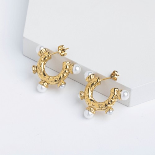 Stainless Steel Earrings Plastic Imitation Pearls,Handmade Polished Hoop PVD Vacuum Plating Gold WT:14.2g E:32x25mm GEE000916bhia-066
