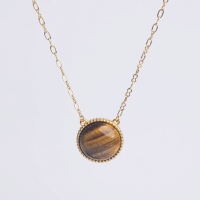 Stainless Steel Necklace Tiger Eye,Handmade Polished Semicircle PVD Vacuum Plating Gold WT:8.6g P:21mm N:2.5x400mm+50mm(T) GEN001016bhia-066