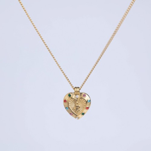 Stainless Steel Necklace Czech Stones,Handmade Polished Heart PVD Vacuum Plating Gold WT:9g P:18mm N:2x400mm+50mm(T) GEN001025bhia-066