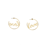 Stainless Steel Earrings Handmade Polished Hoop,love PVD Vacuum Plating Gold WT:4.9g E:42mm