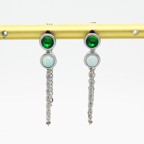 Stainless Steel Earrings  Synthetic Opal & Zircon,Handmade Polished  WT:4.8g  E:14x7mm  6E4003773bhia-700