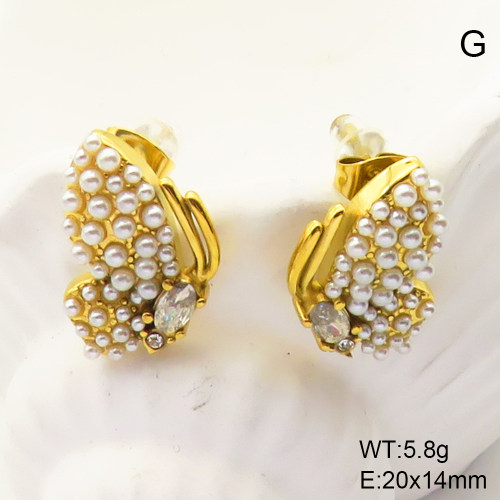 GEE001502bhia-066  Stainless Steel Earrings  Plastic Imitation Pearls & Czech Stones & Zircon,Handmade Polished
