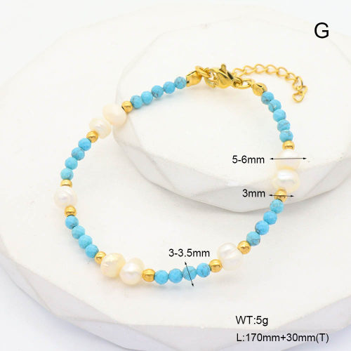 6B4002950ahjb-908  Synthetic Turquoise & Cultured Freshwater Pearls  Stainless Steel Bracelet