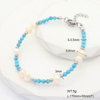 6B4002951bhia-908  Synthetic Turquoise & Cultured Freshwater Pearls  Stainless Steel Bracelet