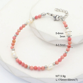 6B4002965bhia-908  Rhodochrosite & Cultured Freshwater Pearls  Stainless Steel Bracelet