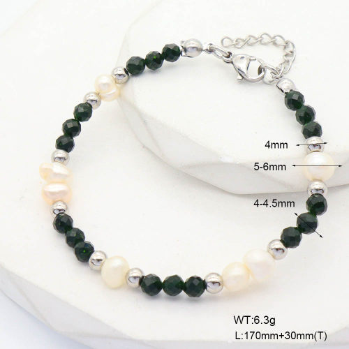 6B4002971bhia-908  Green Goldstone & Cultured Freshwater Pearls  Stainless Steel Bracelet