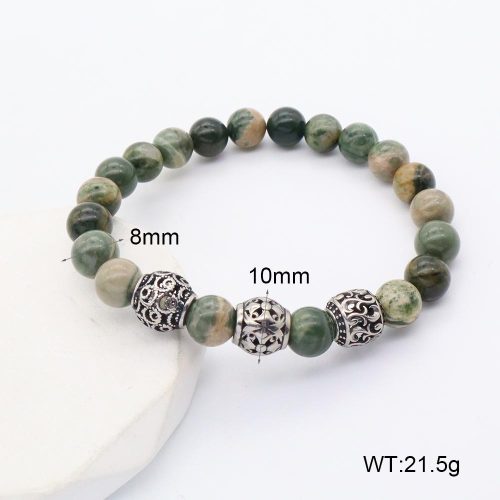 GEB000605vbpb-106D  316 SS Green Wooden Line Jasper  Stainless Steel Bracelet  nostock