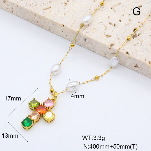 GEN001999bhia-066  Zircon & Plastic Imitation Pearls,Handmade Polished  Stainless Steel Necklace  BC25050011N-CR