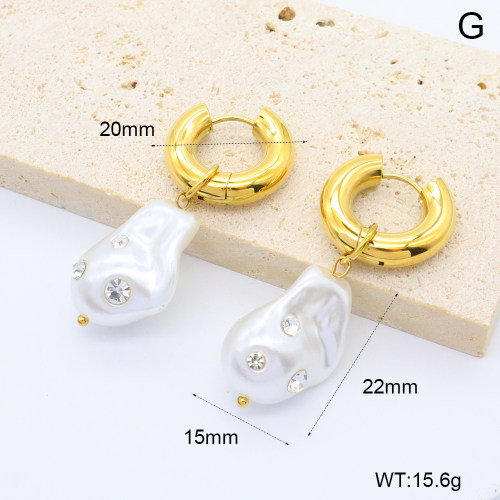 GEE002617bhva-066  316 Pin 18K PVD Resin Imitation Pearls & Czech Stones,Handmade Polished  Stainless Steel Earrings  BC25050012E-WT
