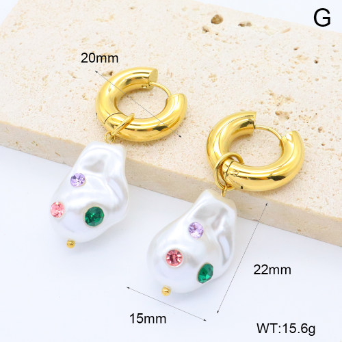 GEE002618bhva-066  316 Pin 18K PVD Resin Imitation Pearls & Czech Stones,Handmade Polished  Stainless Steel Earrings  BC25050012E-CR