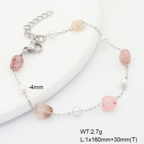 6B4003171ablb-908  Strawberry Quartz & Plastic Imitation Pearls  Stainless Steel Bracelet