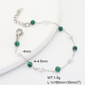 6B4003175ablb-908  Synthetic Malachite & Plastic Imitation Pearls  Stainless Steel Bracelet