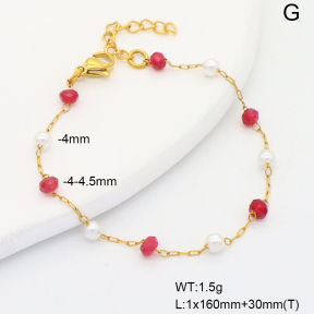 6B4003176vbmb-908  Rose Red Jade & Plastic Imitation Pearls  Stainless Steel Bracelet