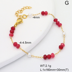 6B4003178bbml-908  Rose Red Jade & Plastic Imitation Pearls  Stainless Steel Bracelet
