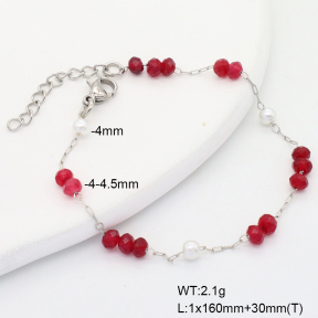 6B4003179vbll-908  Rose Red Jade & Plastic Imitation Pearls  Stainless Steel Bracelet