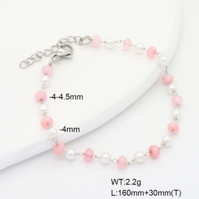 6B4003185bbml-908  Pink Jade & Plastic Imitation Pearls  Stainless Steel Bracelet