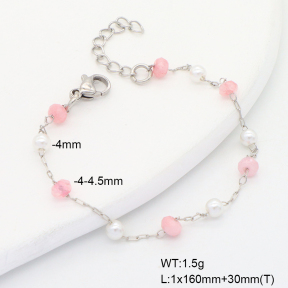 6B4003187ablb-908  Pink Jade & Plastic Imitation Pearls  Stainless Steel Bracelet