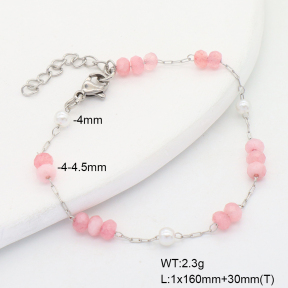 6B4003189vbll-908  Pink Jade & Plastic Imitation Pearls  Stainless Steel Bracelet