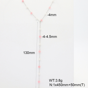 6N4004429bhil-908  Pink Jade & Plastic Imitation Pearls  Stainless Steel Necklace