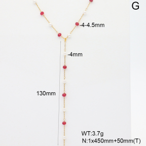 6N4004432bhjl-908  Rose Red Jade & Plastic Imitation Pearls  Stainless Steel Necklace