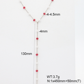6N4004433bhil-908  Rose Red Jade & Plastic Imitation Pearls  Stainless Steel Necklace