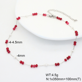 6N4004439bhva-908  Rose Red Jade & Plastic Imitation Pearls  Stainless Steel Necklace