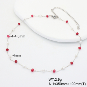 6N4004441vbpb-908  Rose Red Jade & Plastic Imitation Pearls  Stainless Steel Necklace