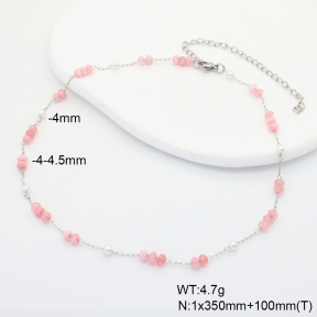 6N4004449bhva-908  Pink Jade & Plastic Imitation Pearls  Stainless Steel Necklace