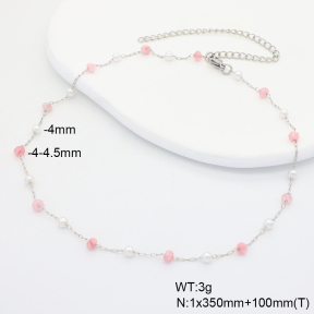 6N4004451vbpb-908  Pink Jade & Plastic Imitation Pearls  Stainless Steel Necklace