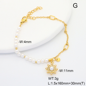 6B3002374vhkb-G034  18K PVD Czech Stones & Resin Imitation Pearls,Handmade Polished  Stainless Steel Bracelet