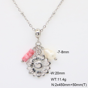 6N4004710vbnl-908  Cultured Freshwater Pearls & Rhodochrosite  Stainless Steel Necklace