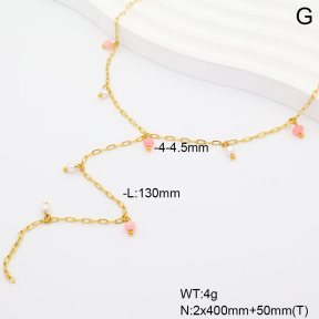 6N4004795ahjb-908  14K PVD Pink Jade & Shell Imitation Pearls  Stainless Steel Necklace
