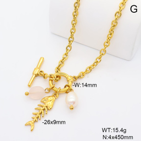6N3002087bhia-908  18K PVD Cultured Freshwater Pearls & Rose Quartz  Stainless Steel Necklace